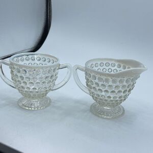 Vintage Anchor Hoking Moonstone Opalescent Hobnail Glass creamer & sugar